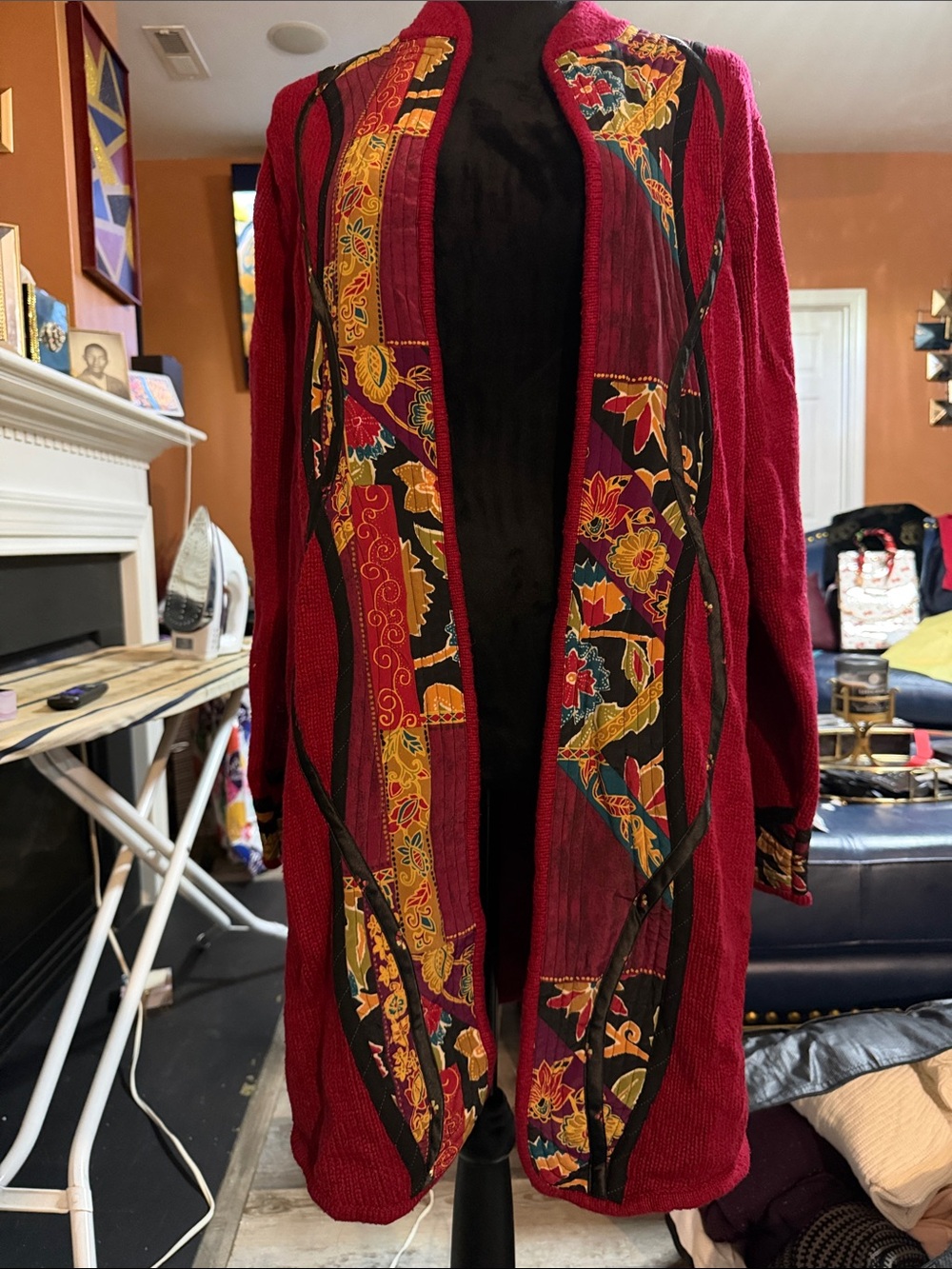Vintage Koos of course Women's Red Open-Front Floral Trim Sweater Cardigan